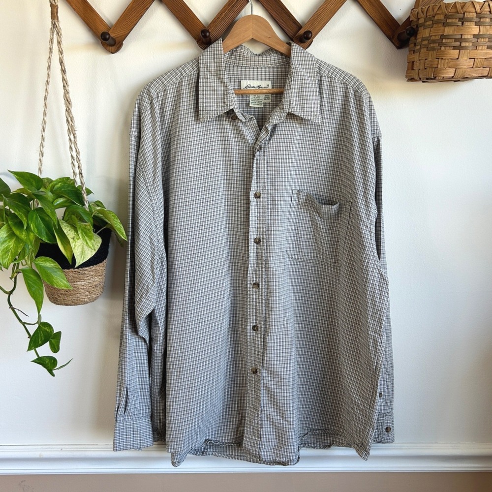 Eddie Bauer Mens XXL Micro Check Long Sleeve Cotton Button Down Shirt Gray Tan